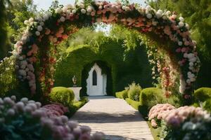 een loopbrug met bloemen en een boog. ai-gegenereerd foto