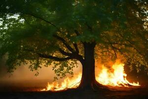 een boom met vlammen komt eraan uit van het. ai-gegenereerd foto