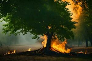 een boom is brandend in de midden- van een veld. ai-gegenereerd foto