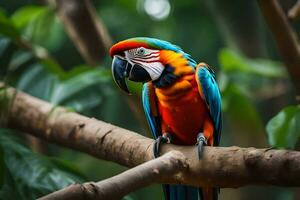 een kleurrijk papegaai zit Aan een Afdeling. ai-gegenereerd foto