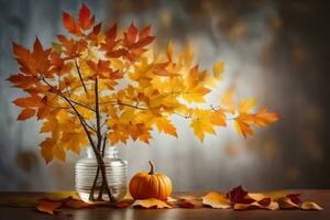 herfst bladeren en pompoen in een vaas Aan een tafel. ai-gegenereerd foto