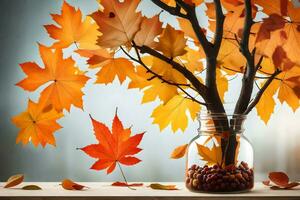 herfst bladeren in een vaas met bessen Aan een tafel. ai-gegenereerd foto