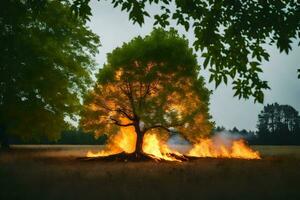 een boom is brandend in de midden- van een veld. ai-gegenereerd foto