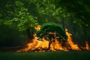 een boom is brandend in de midden- van een Woud. ai-gegenereerd foto