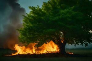 een boom is brandend in de midden- van een veld. ai-gegenereerd foto