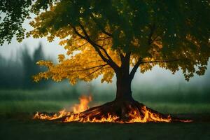 een boom met vlammen in de omgeving van het in de midden- van een veld. ai-gegenereerd foto