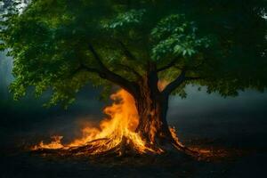 een boom met vlammen komt eraan uit van het in de donker. ai-gegenereerd foto