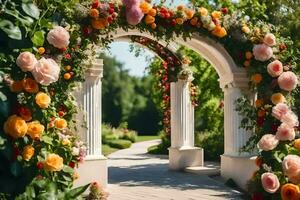 een loopbrug met bloemen en boog. ai-gegenereerd foto