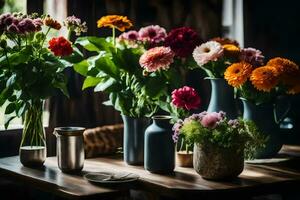 bloemen in vazen Aan een houten tafel. ai-gegenereerd foto