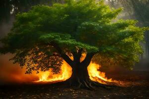 een boom is brandend in de midden- van een Woud. ai-gegenereerd foto