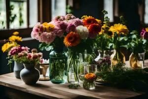 bloemen in vazen Aan een houten tafel. ai-gegenereerd foto