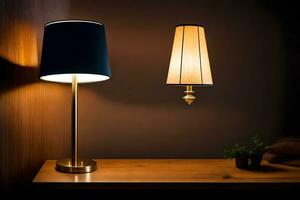 een lamp en een tafel lamp Aan een houten tafel. ai-gegenereerd foto