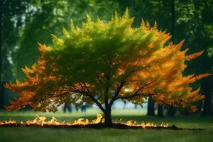 een boom met oranje bladeren en brand in de gras. ai-gegenereerd foto