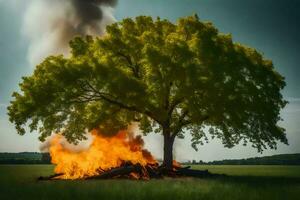 een boom is brandend in de midden- van een veld. ai-gegenereerd foto