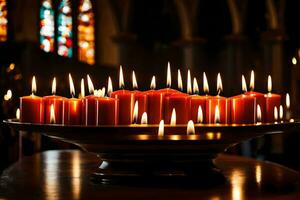 een groot aantal van kaarsen zijn lit in een kerk. ai-gegenereerd foto