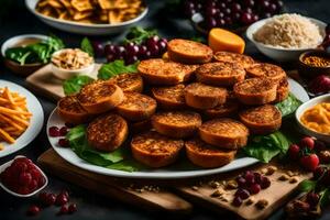 een bord van voedsel met brood, kaas en andere ingrediënten. ai-gegenereerd foto