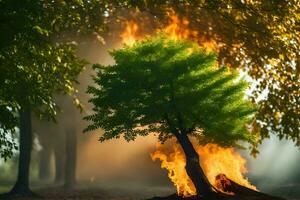 een boom is brandend in de Woud. ai-gegenereerd foto