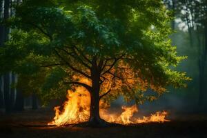 een boom is brandend in de Woud. ai-gegenereerd foto