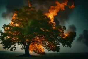 een brandend boom in de midden- van een veld. ai-gegenereerd foto