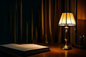 een lamp en een Open boek Aan een tafel. ai-gegenereerd foto