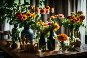 een tafel met bloemen en vazen Aan het. ai-gegenereerd foto