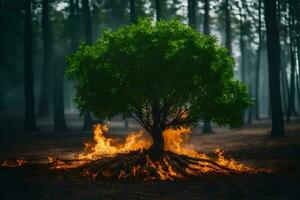 een boom met vlammen komt eraan uit van het in de midden- van een Woud. ai-gegenereerd foto