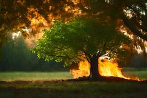 een boom is brandend in de midden- van een veld. ai-gegenereerd foto