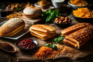 divers types van voedsel Aan een tafel. ai-gegenereerd foto