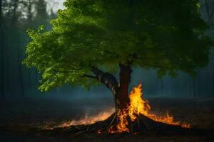 een boom met brand komt eraan uit van het in de midden- van een Woud. ai-gegenereerd foto