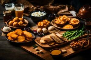 een verscheidenheid van voedsel Aan een houten tafel. ai-gegenereerd foto