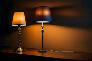 twee lampen Aan een tafel in voorkant van een donker muur. ai-gegenereerd foto