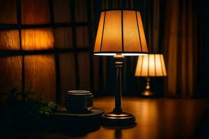 een lamp is Aan een tafel in de donker. ai-gegenereerd foto