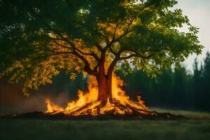 een boom met vlammen komt eraan uit van het in de midden- van een veld. ai-gegenereerd foto