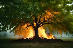 een boom is brandend in de midden- van een veld. ai-gegenereerd foto