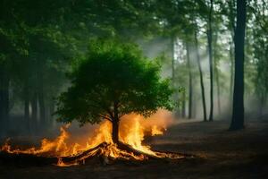 een boom is brandend in de midden- van een Woud. ai-gegenereerd foto