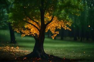 een boom met geel bladeren in de midden- van een veld. ai-gegenereerd foto