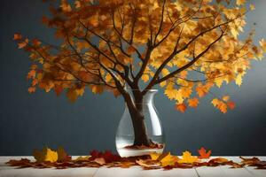 herfst bladeren in een vaas Aan een tafel. ai-gegenereerd foto