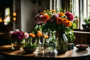 bloemen in vazen Aan een tafel. ai-gegenereerd foto