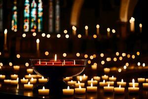 kaarsen in een kerk met kaarsen verlicht. ai-gegenereerd foto