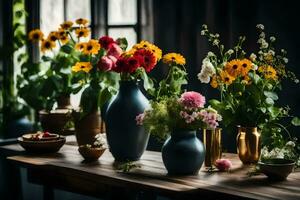 bloemen in vazen Aan een tafel. ai-gegenereerd foto