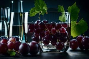 druiven in een glas met wijn en flessen. ai-gegenereerd foto