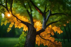 een boom met geel bladeren in de achtergrond. ai-gegenereerd foto