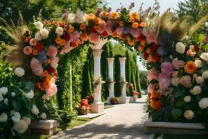 een bruiloft boog gemaakt van bloemen in de tuin. ai-gegenereerd foto