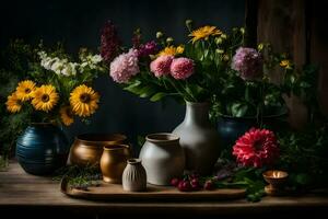 bloemen in vazen Aan een tafel. ai-gegenereerd foto