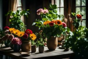 bloemen in vazen Aan een tafel in voorkant van een venster. ai-gegenereerd foto