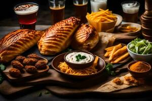 voedsel en drankjes Aan een tafel. ai-gegenereerd foto