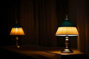 twee lampen Aan een tafel in een donker kamer. ai-gegenereerd foto
