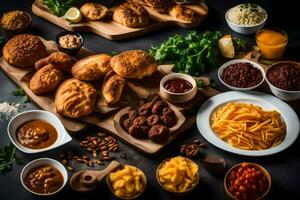 divers types van voedsel Aan een tafel. ai-gegenereerd foto