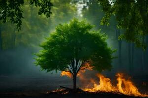 een boom is brandend in de midden- van een Woud. ai-gegenereerd foto