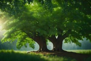 twee bomen in de midden- van een veld. ai-gegenereerd foto